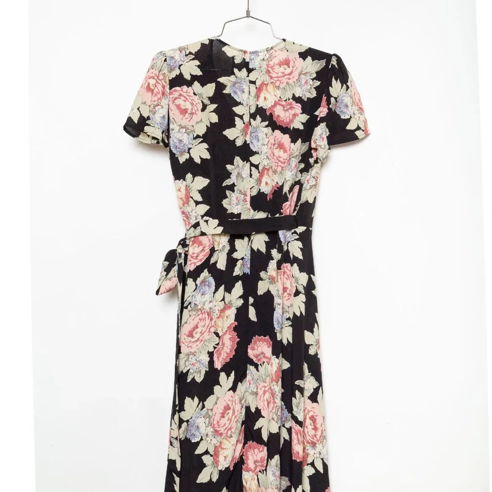 Reformation Linda Brookvale Black Viscose Floral Print Midi Wrap Dress - Size S - Picture 4 of 12